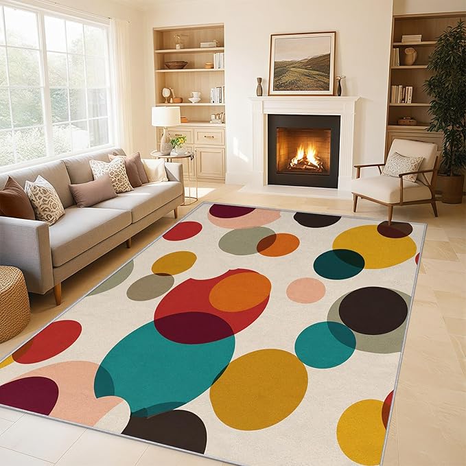 Mid Century Modern Rugs for Home Decor, 6x9 ft, Boho Geometric Circle Area Rugs for Living Room, Soft Non Slip Washable Abstract Geometry Carpet Bedroom Decorations Dt-Ghf-19