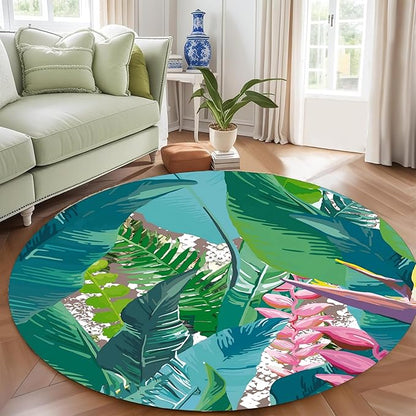 Tropical Leaves Round Rug 5ft - Machine Washable Non-Slip Circular Floor Mat, Short Pile Soft Rug for Living Room, Bedroom, Nursery in Green & Pink Botanical Design