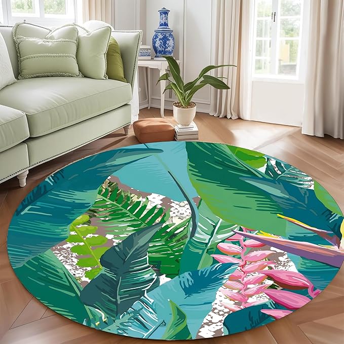 Tropical Leaves Round Rug 3.3ft - Machine Washable Non-Slip Circular Floor Mat, Short Pile Soft Rug for Living Room, Bedroom, Nursery in Green & Pink Botanical Design