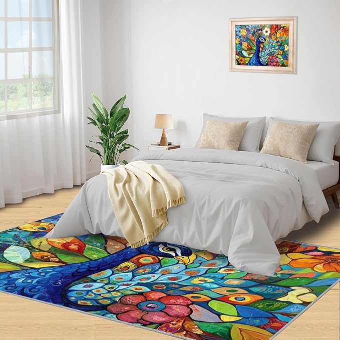 Boho Peacock Rug Small - 3x4 Rug, Colorful Peacock Washable Rugs for Living Room, Teal Turquoise Carpet, Modern Style Non-Slip Area Rugs for Bedroom, Aesthetics Carpet - Peafowl Home Decor & Gifts