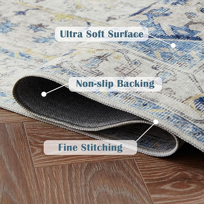 jinchan Area Rug 8x10 Washable Living Room Rug Vintage Indoor Large Floor Cover Distressed Lightweight Non-Slip Low Pile Thin Mat Stain Resistant Carpet for Bedroom Dining Room Office Light Blue
