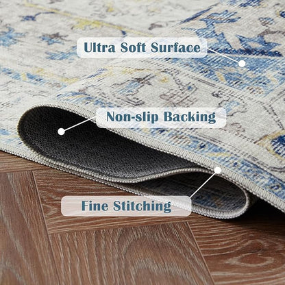 jinchan Area Rug 8x10 Washable Living Room Rug Vintage Indoor Large Floor Cover Distressed Lightweight Non-Slip Low Pile Thin Mat Stain Resistant Carpet for Bedroom Dining Room Office Light Blue