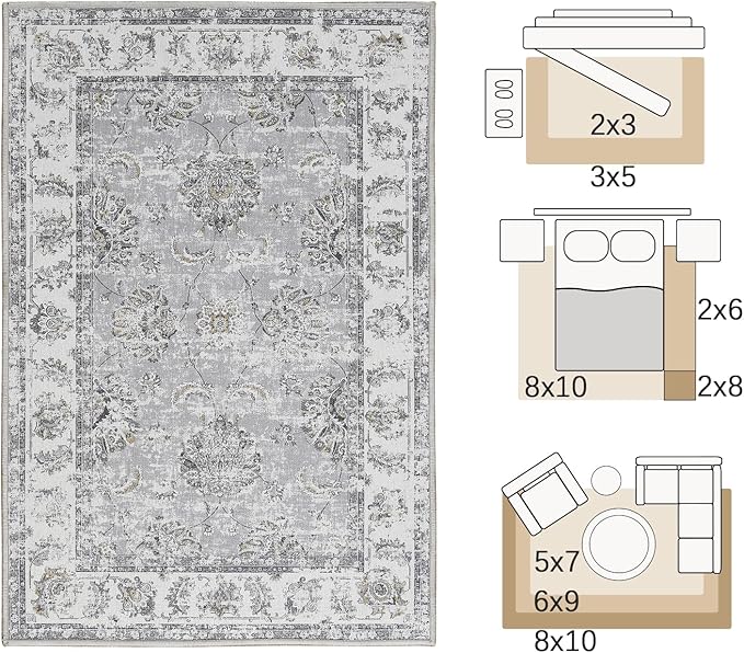 jinchan Fiora 10x12 Area Rugs for Living Room - Machine Washable Vintage Floral Distressed Design Stain Resistant Carpet Low Pile Non-Slip Large Rug for Bedroom Dining Room Home Office (10‘x12', Grey)