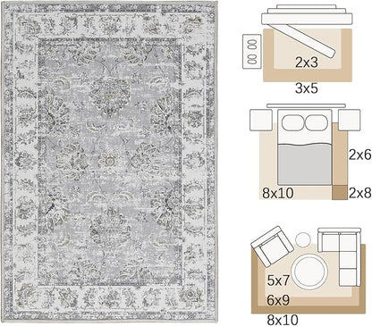 jinchan Fiora Floral 3x5 Area Rugs for Entryway - Machine Washable Taupe Vintage Distressed Design Doormat Non-Slip Ultra-Thin Low Pile Boho Rug for Kitchen Living Room Bedroom Farmhouse (3‘x5', Grey)