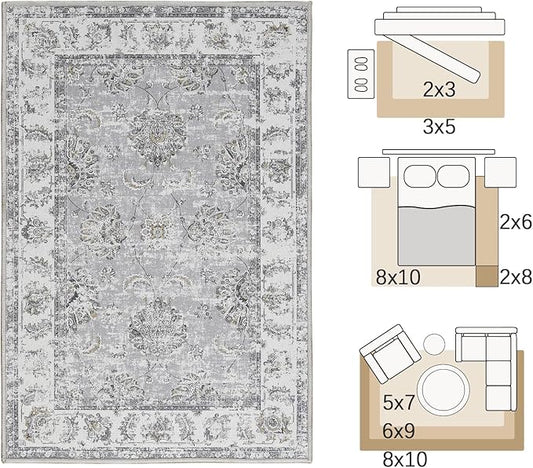 jinchan Fiora Floral 3x5 Area Rugs for Entryway - Machine Washable Taupe Vintage Distressed Design Doormat Non-Slip Ultra-Thin Low Pile Boho Rug for Kitchen Living Room Bedroom Farmhouse (3‘x5', Grey)