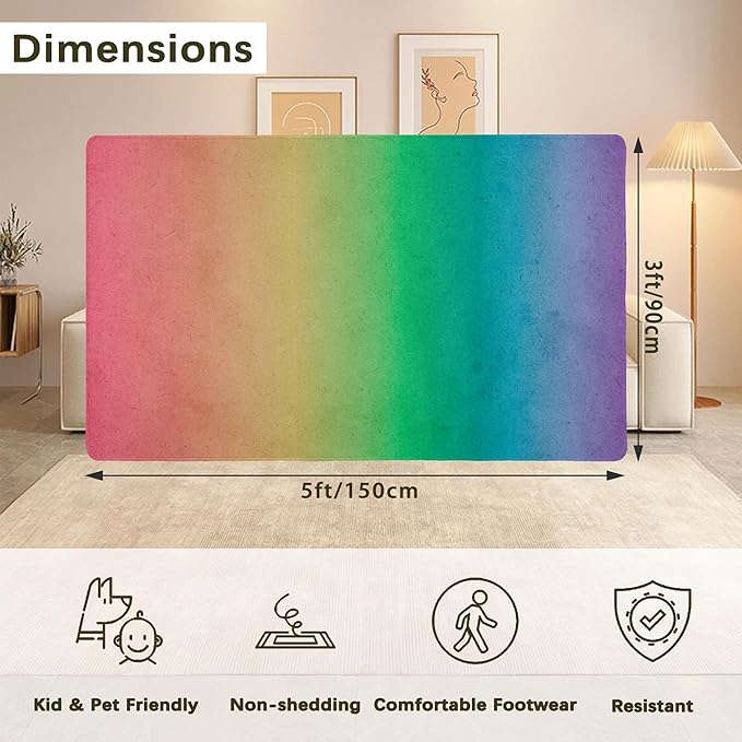 Rainbow Washable 3x5 Area Rugs for Living Room, Thin Low Pile Contemporary Carpet, Non-Slip Base Lightweight Rug