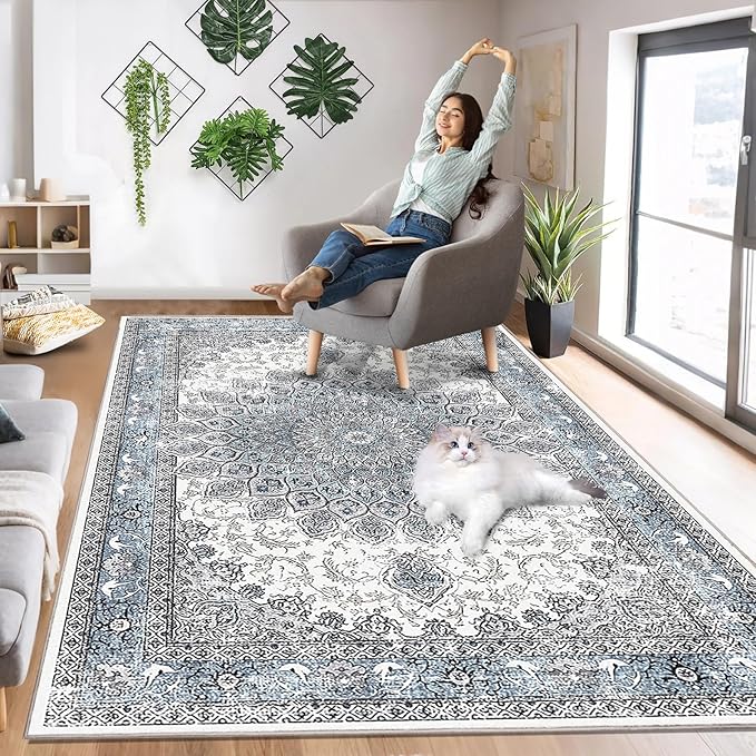 4’x6’ Area Rugs for Living Room Non Slip Washable Low Pile Area Rugs for Bedroom Dining Foldable Vintage Carpets Blue