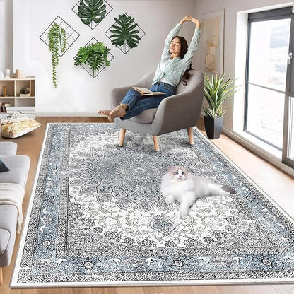 4’x6’ Area Rugs for Living Room Non Slip Washable Low Pile Area Rugs for Bedroom Dining Foldable Vintage Carpets Blue