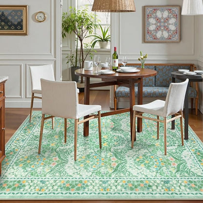 Lahome Floral Washable Area Rugs 5x7, Soft Green Rugs for Living Room Bedroom, Boho Non Slip Low Pile Forest Stain Resistance Large Throw Carpet for Farmhouse Dining Room Office,Sage Green