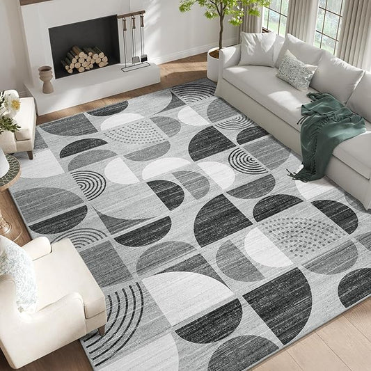 MUJOO Washable Rugs 9x12,Large Area Rugs for Living Room Bedroom Dining Room,Boho Throw Floor Carpet Non Slip Soft Modern Abstract Black and Grey