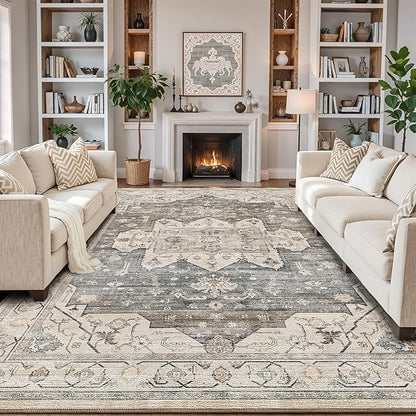 LUMI 4x6 Washable Area Rug for Living Room, Ultra Soft Vintage Rugs with TPE Non Slip Backing, Stain Resistant, Low Profile Carpet High Traffic for Bedroom, Dining Room