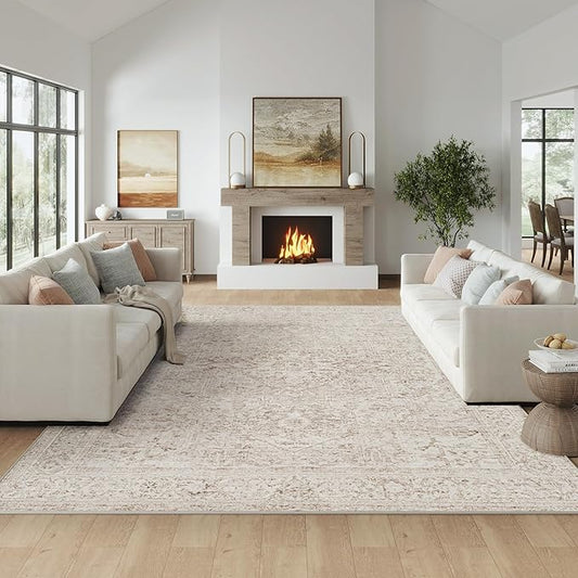 Fmfunctex 9x12 Washable Area Rug Beige Vintage Neutral Distressed Oriental Large Non Slip Carpet for Living Room Bedroom Soft Low Pile Indoor Mat Retro Throw Rug for Dining Room Kitchen Office Nursery