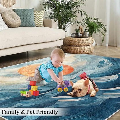 Boho Sun Area Rugs 4x5ft, Mosaic Sunburst Kids Play Rug, Abstraction Deco Throw Rugs Bedroom Fluffie Soft for Coffee Shop Living Room Under Table Game Room