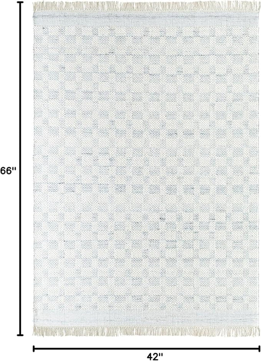 Mark&Day Wool Rugs, 4x6 Clinten Solid and Border Light Slate Checkered Rug, Cream Grey Carpet for Living Room, Bedroom or Kitchen (3'6" x 5'6")