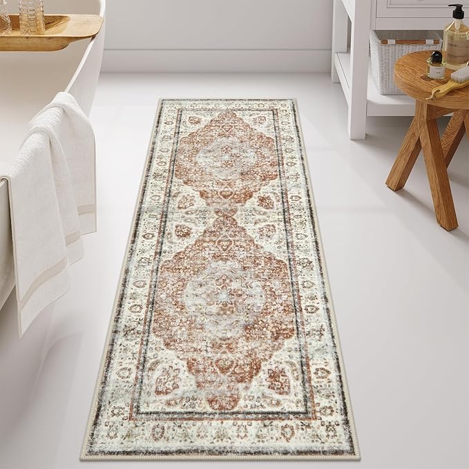 Uphome Bathroom Runner, Distressed Tribal Farmhouse Orange Bathroom Mat, Large Bath Rugs Non Slip Washable, Oriental Retro Boho Bath Mat Runner for Bathtub Sink Laundry, 24x59 inch