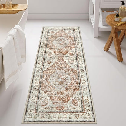 Uphome Bathroom Runner, Distressed Tribal Farmhouse Orange Bathroom Mat, Large Bath Rugs Non Slip Washable, Oriental Retro Boho Bath Mat Runner for Bathtub Sink Laundry, 24x59 inch