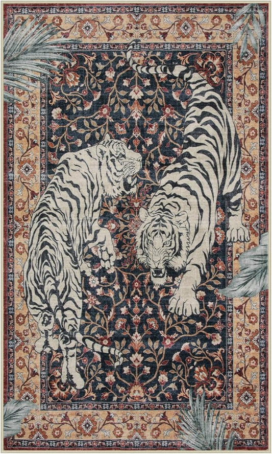 Moynesa Tiger Machine Washable Rug, 3 x 5 Entryway Area Rug Non Slip Vintage Soft Rug for Living Room, Ultra Thin Boho Stain Resistant Kitchen Throw Mat for Entrance Bedside, Puce Red