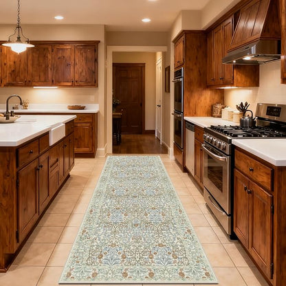 Washable 2'6" x 8' Runners for Hallways, Non Slip Long Floor Runner for Kitchen, Entryway Indoor, Stain Resistant Rubber Backing Floral Décor Rug (Beige Blue)