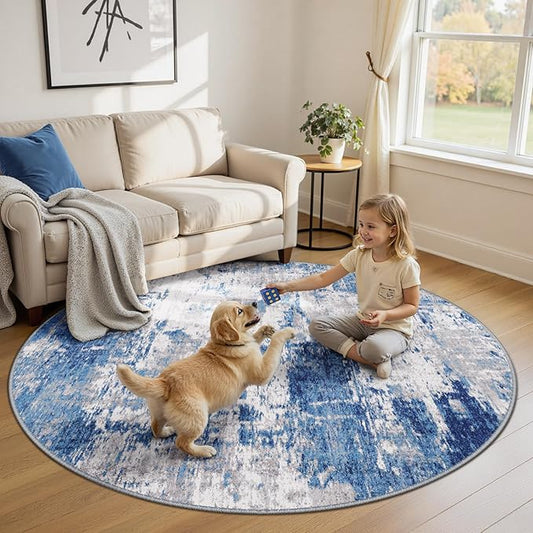 Washable Area Rugs 6ft Non-Slip Modern Abstract Soft for Living Room Entryway Bedroom Nursery, Print Pattern, Blue Grey Navy Gray