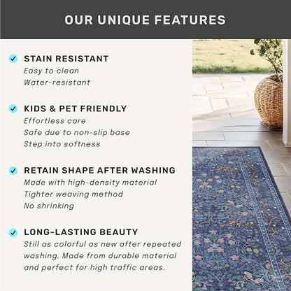 Dark Blue 2x8 Kitchen Rugs - Machine Washable Hallway Runner Non Slip, Floral Pattern Indoor Floor Mats for Entryway, Oriental Design Home Décor