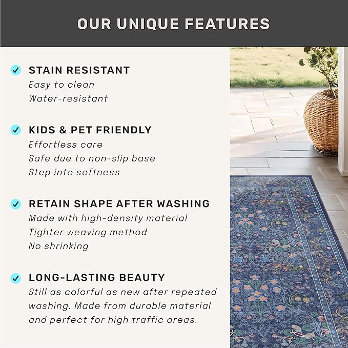 Boho 8x12 Washable Dark Blue Rug for Living Room - Large Area Rug for Dining Room Under Table, Bedroom Under Bed, Vintage Floral Design, Low Pile & Soft Indoor Décor