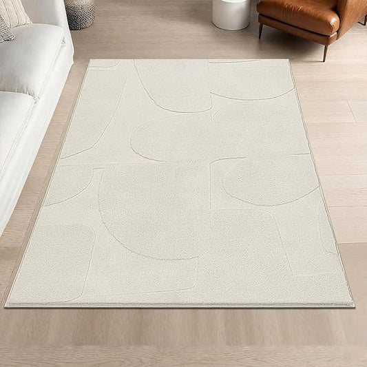 SHACOS Soft Cozy Fluffy Abstract Geometric High Low Pile Area Rugs 4'x6' Non Slip Washable Scandinavian Minimalist Rug Modern Carpet for Living Room Bedroom Dining Room, Cream