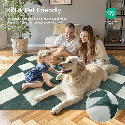Lahome Checkered Washable 2x3 Green Kitchen Rugs Non Slip, Small Printed Indoor Door Mat for Entryway, Moroccan Trellis Ultra-Thin Throw Carpet for Bedroom Entrance Decor (2'x3',Dark Green)
