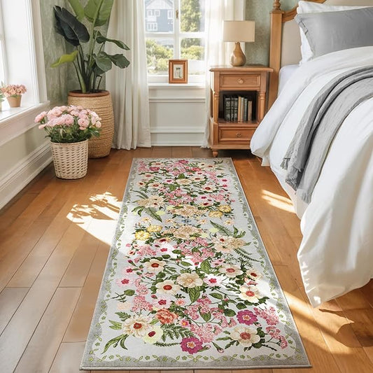 Floral Runner Rug 2x6 - Washable Vintage Kitchen Rug Low Pile Non-Slip Carpet for Entryway Hallway, Laundry, Bedroom - Soft, Stain Resistant Indoor Area Rug - Grey