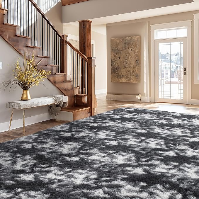 Andency 6x9 Area Rugs, Large Shag Fluffy Soft Shaggy Rugs for Living Room Bedroom, Non-Slip Tie-Dyed White Black Thick Plush Carpet for Kids Girls and Boys, Dorm Nursery Home Decor Aesthetic
