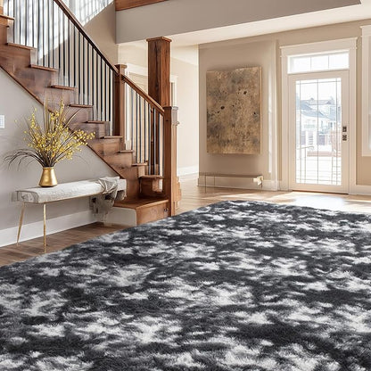 Andency Soft Area Rugs for Living Room Bedroom, 5x8 Fluffy Shaggy Bedside Rug, Non-Slip Large Shag Fuzzy Plush Carpets for Bedroom Kids Dorm Nursery Home Decor Aesthetic, Tie-Dyed White Black