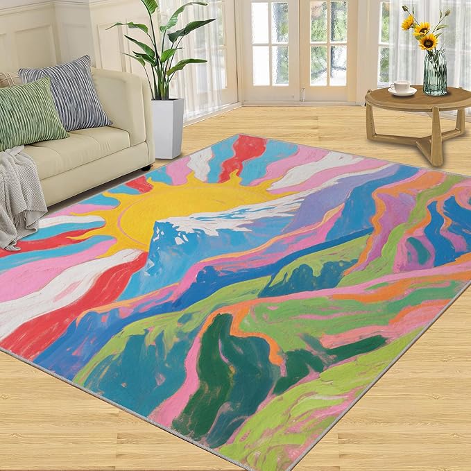 Boho Sun Area Rugs 5x6ft, Watercolor Mountain Rugs for Kids Bedroom, Abstraction Deco Office Rug Low Pile are Not Stumbling Foot for Living Room End Table Nursery