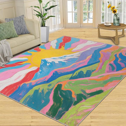 Boho Sun Area Rugs 3x4ft, Watercolor Mountain Kids Bedroom Rug, Abstraction Deco Bedside Rug Durable Non Slip for Cafe Living Room Under Table Boys Room Decor