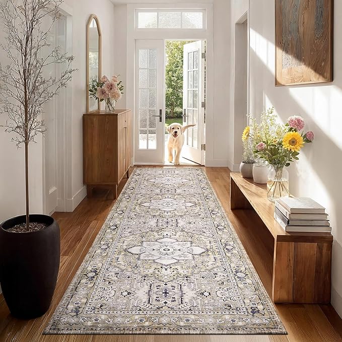 PURRUGS Vintage Farmhouse Boho Runner Rug 2'6" x 8', Non-Slip Machine Washable Rug, Accent Area Rug for Kitchen, Hallway, Entryway, Bedroom, Living Room and Dining Room, Taupe/Vanilla