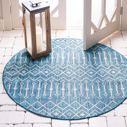 Unique Loom Outdoor Trellis Collection Area Rug - Tribal Trellis (4' 1" Round, Teal/ Ivory)