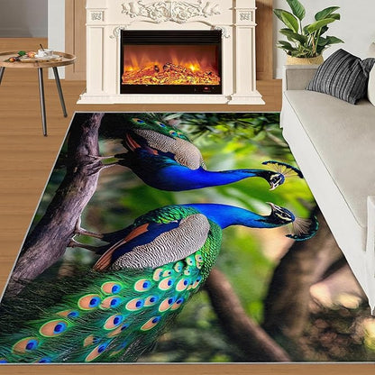 Peacock Rugs for Bedroom - 4x6 Rug, Peacock Couples Area Rugs for Living Room, Nature Carpet, Peafowl Washable Area Mat, Malachite Green Feather Carpet - Peafowl Home Decor & Gifts