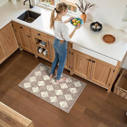 Lahome Moroccan Treills Area Rug - 2x3 Small Beige Bathroom Rug Door Rugs for Entryway Indoor, Checkered Washable Non Slip Throw Carpet for Bathroom Powder Room Kitchen Bedroom Front Door
