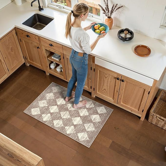 Lahome Moroccan Treills Area Rug - 2x3 Small Beige Bathroom Rug Door Rugs for Entryway Indoor, Checkered Washable Non Slip Throw Carpet for Bathroom Powder Room Kitchen Bedroom Front Door