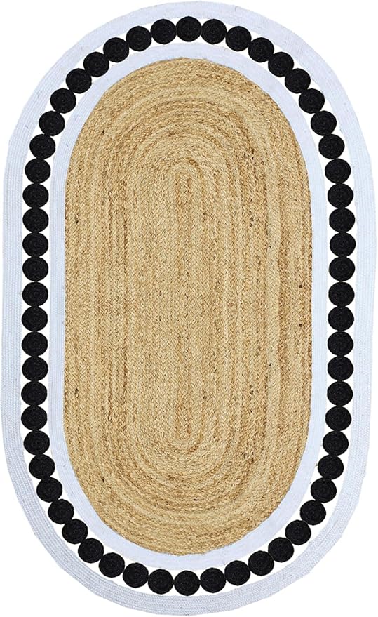 Jute Oval Rug 5x7 Kilim Rug Natural Oval Thick 0.27" Solid Design Black Beige Hand Braided Jute Flatweave Mat Handmade Boho Indoor Outdoor Rugs for Bedroom Living Room Dining Room