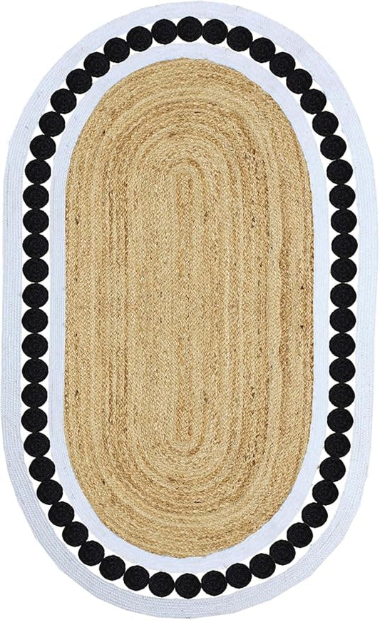 Oval Rugs for 10x18 Jute Oval Rug Natural Kilim Rug Thick 0.27" Solid Design Black Beige Hand Braided Jute Flatweave Mat Handmade Boho Indoor Outdoor Rugs for Bedroom Living Dining Room
