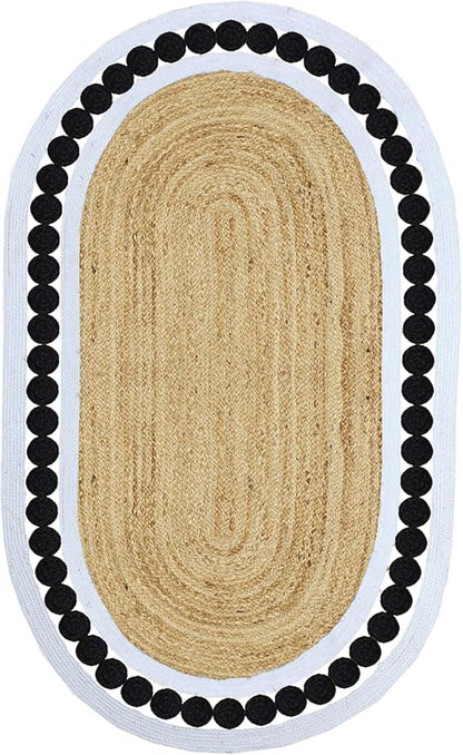 Jute Oval Rug 5x8 Kilim Rug Natural Oval Thick 0.27" Solid Design Black Beige Hand Braided Jute Flatweave Mat Handmade Boho Indoor Outdoor Rugs for Bedroom Living Room Dining Room