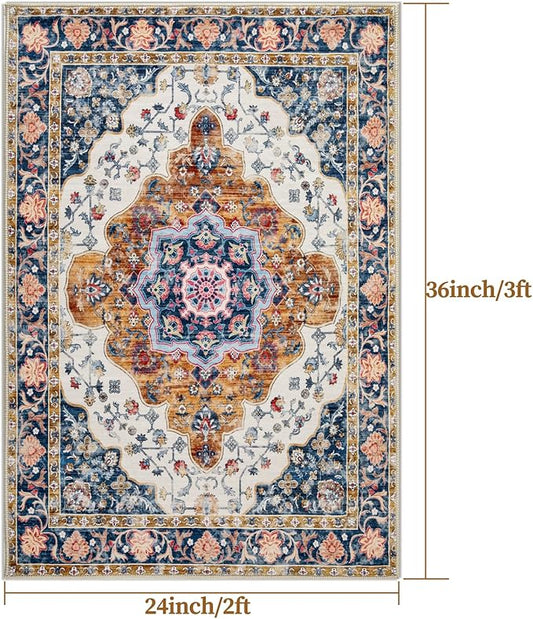 Ciicool Small Area Rug, 2x3ft Boho Rug, Ultra Soft Entry Rugs for Entryway, Non-Slip Washable Rugs Oriental Low-Pile Indoor Mat Floor Carpet for Entrance Bedroom Kitchen Bathroom Foyer Decor