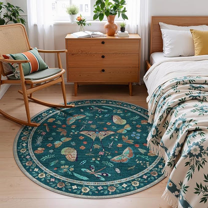 4ft Washable Round Rug - Bug Rugs for Living Room Non-Slip Low Pile Soft Ultra-Thin Machine Washable Circle Carpet for Bedroom, Entryway, Nursery, Kitchen, Home Office (4' Round Teal)
