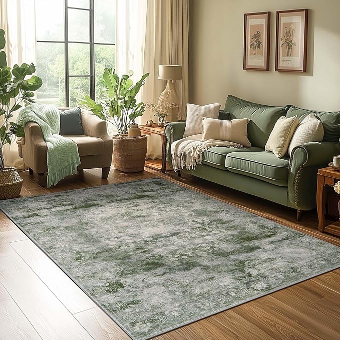 jinchan Green 5x7 Area Rugs - Machine Washable Vintage Floral Distressed Design Soft Low-Pile Non-Slip Carpet for Bedroom Nursery Living Room Dining Room Home Office (5x7ft, Forest Green)