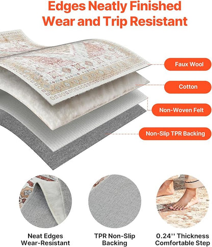 VEVOR 9 x 12 ft Area Rug Large Washable Rug Non-Slip and Tear-Resistant Soft Carpet Pet & Child Friendly Vintage Area Rugs Indoor Mat for Bedroom Living Room Kids Room Office Brown Red