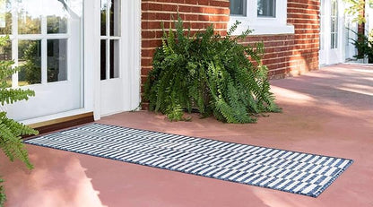 Unique Loom Outdoor Striped Collection Area Rug - Striped (2' x 6' 1" Runner, Blue/Ivory)