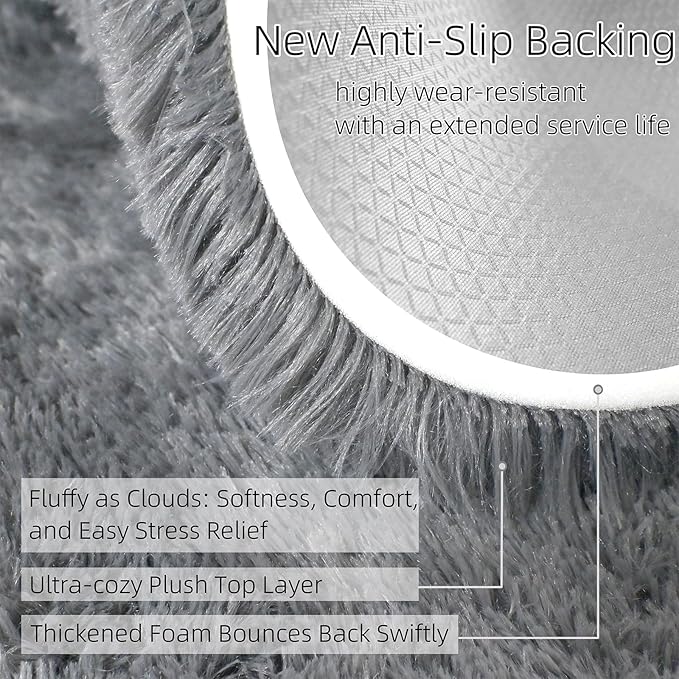 2x3 Solid Fluffy Grey Area Rug – Washable, Durable,Small Bedroom Rug, Non-Slip High Pile Shag Rugs for Living Room, Bedroom, Bedside, Dorms, Nursery Rooms, Kids Room, Soft Indoor Floor Carpet