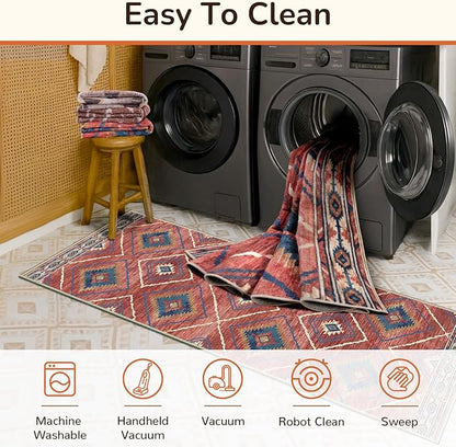Area Rug 10x12 Rug Machine Washable Non-Slip Low Pile Print Pattern Western Rug for Living Room Bedroom Entryway Tribal Series-Red/Orange
