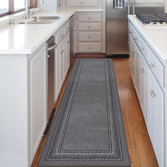 Antep Rugs Alfombras Bordered Modern 2x7 Non-Slip (Non-Skid) Low Pile Rubber Backing Indoor Area Runner Rug (Gray, 2' x 7')