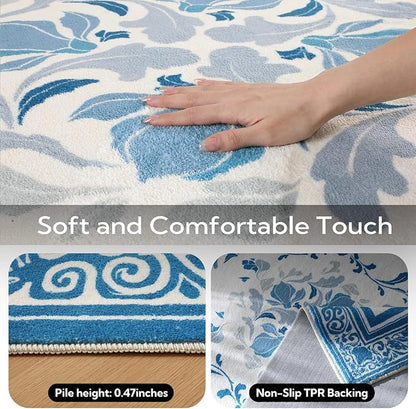 SOULFUL Medium Pile 2x3 Entryway Rug - Cozy Soft Underfoot Small Area Rug - Blue Boho Floral - Washable Non-Slip - Perfect for Hallway Kitchen Bedroom Bathroom Indoor Entrance