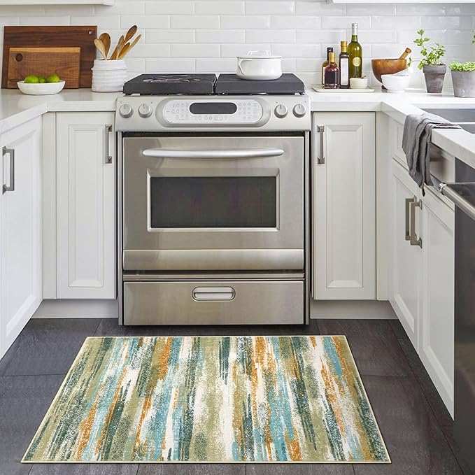 Modern Abstract Entryway Rug Indoor 2x3 Washable Rug Non-Slip Soft Small Area Rug Green Mustard Multi Kitchen Mats Thin Print Faux Wool Floor Carpet Throw Rugs for Entrance Bedroom Home Decor